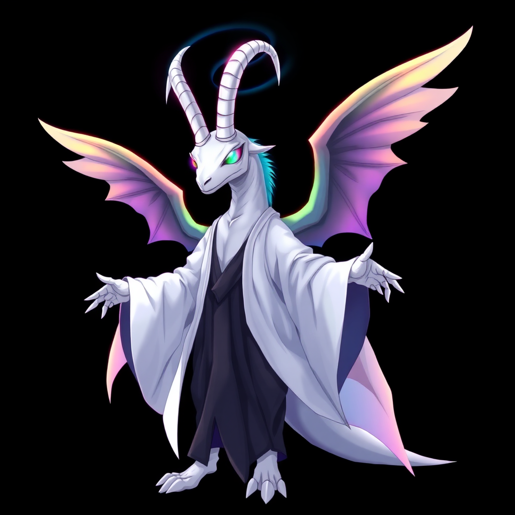 (Anime Styled Art) Against a deep black background, a tall, white reptilian humanoid resembling a goat stands gracefully. Its striking rainbow eyes glimmer with intensity, complemented by two elegant white horns that curve upwards. Clad in flowing white-black robes, the figure is enveloped in a chaotic rainbow aura that radiates vibrantly around its entire body. With arms extended outward, it showcases three large ethereal angel wings that add an air of divine mystique.