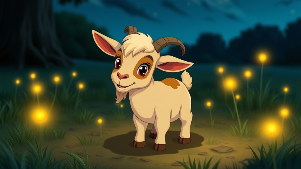 A cute Billy goat in the ground at night with some fireflies around in animation.