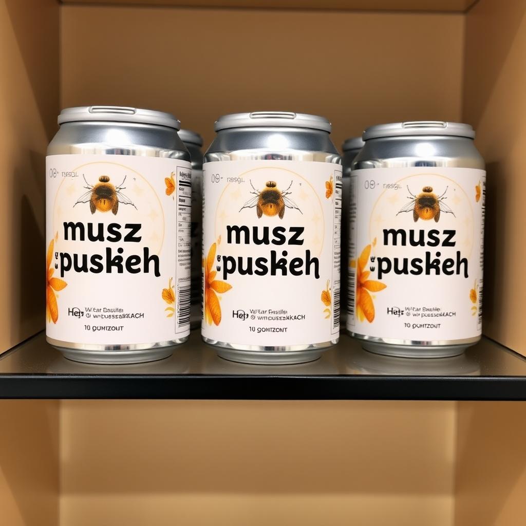 a small shelf with cans that have an image of home fly on the label and text saying "musz w puszkach", the text should say "musz w puszkach" with no errors, musz w puszkach, musz w puszkach, musz w puszkach, musz w puszkach