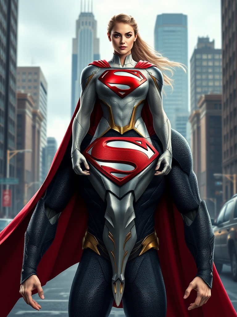 Generate a full-length image of Superman, but with the body attributes of Emma Frost from the X-Men. The character should largely maintain the iconic costume of Superman, but creatively incorporate embellishments and elements from Emma Frost’s characteristic attire that complement his look. Place this hybrid character in a background setting that is fitting for both Superman's Metropolis and Emma Frost's typical environments.