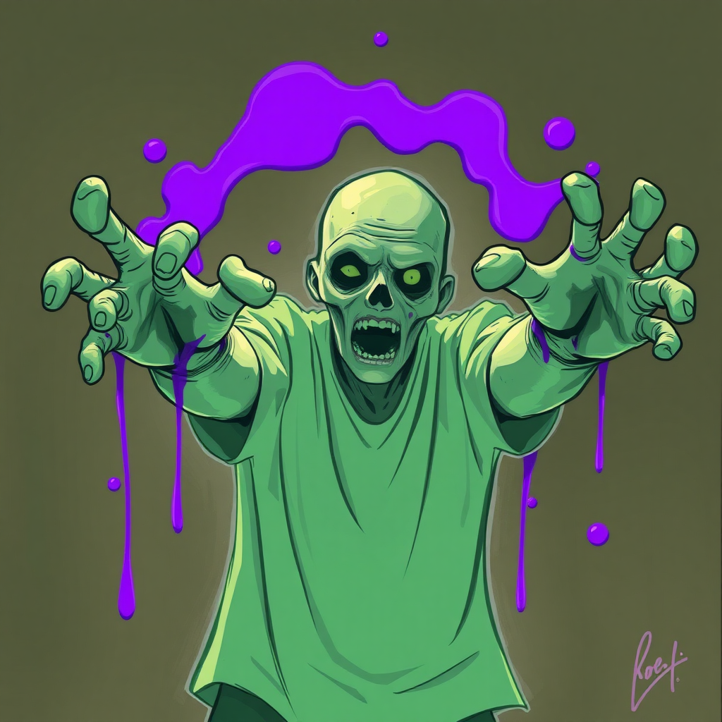 Stylized sci-fi digital drawing. Zombified person approaching the viewer with arms reaching out. Purple goo smears.