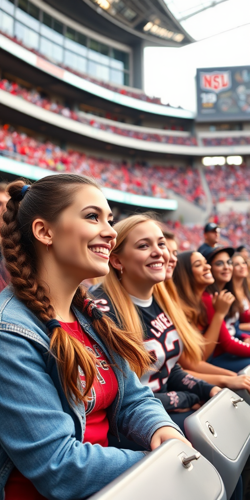 Attractive female NFL fan, pigtail hair, with her friends, cheering, inside crowded bleachers, NFL stadium