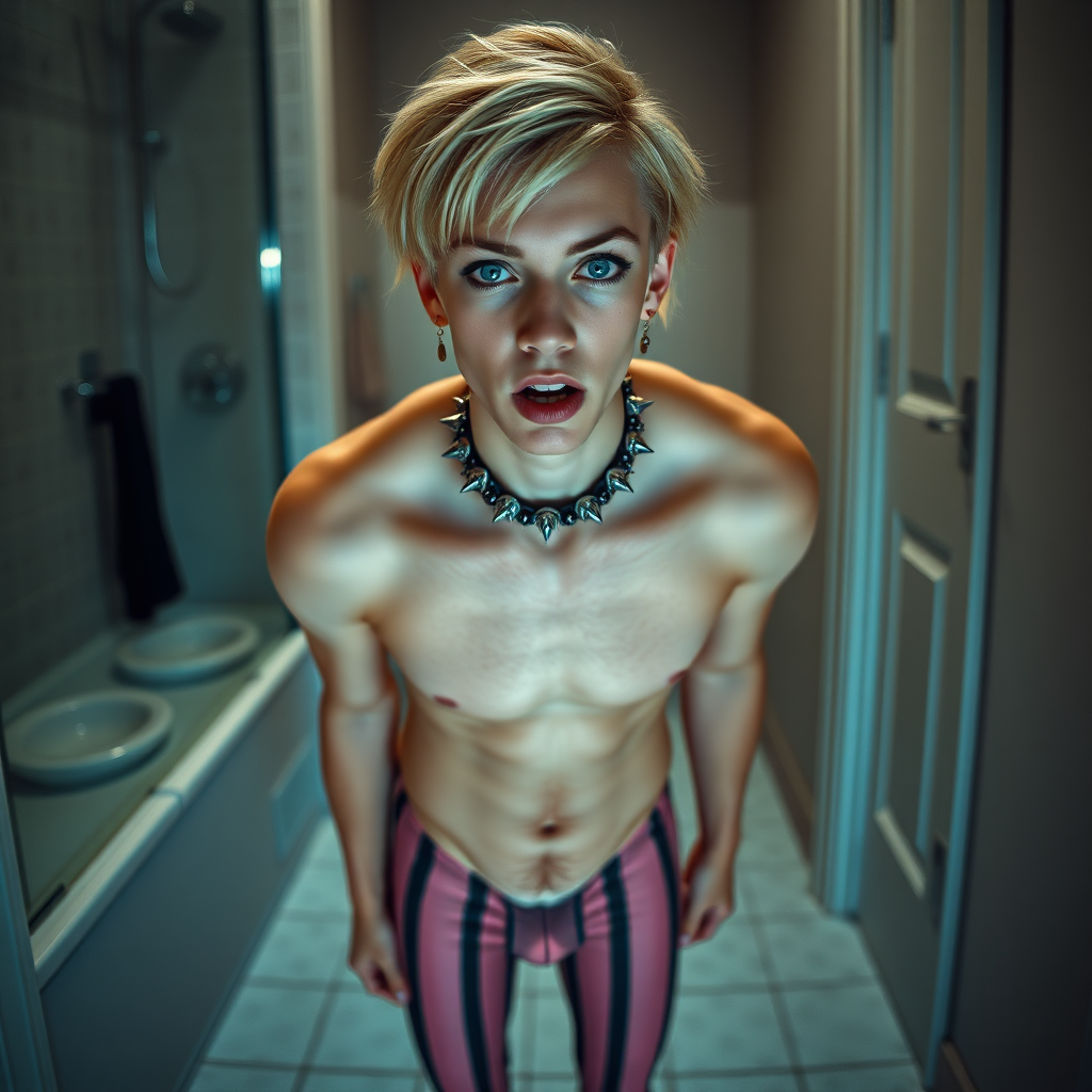 photorealistic, ultra high resolution, 16K, surreal fantasy, soft studio lighting, Caleb Swift is a pretty 16 year old goth male, slim male physique, blonde hair, blue eyes, goth makeup, earrings, pink & black vertically striped pantyhose, spikey neck collar with chain, standing on the floor of the bathroom, excited mouth, bulging crotch, full body front view of Caleb facing the camera.