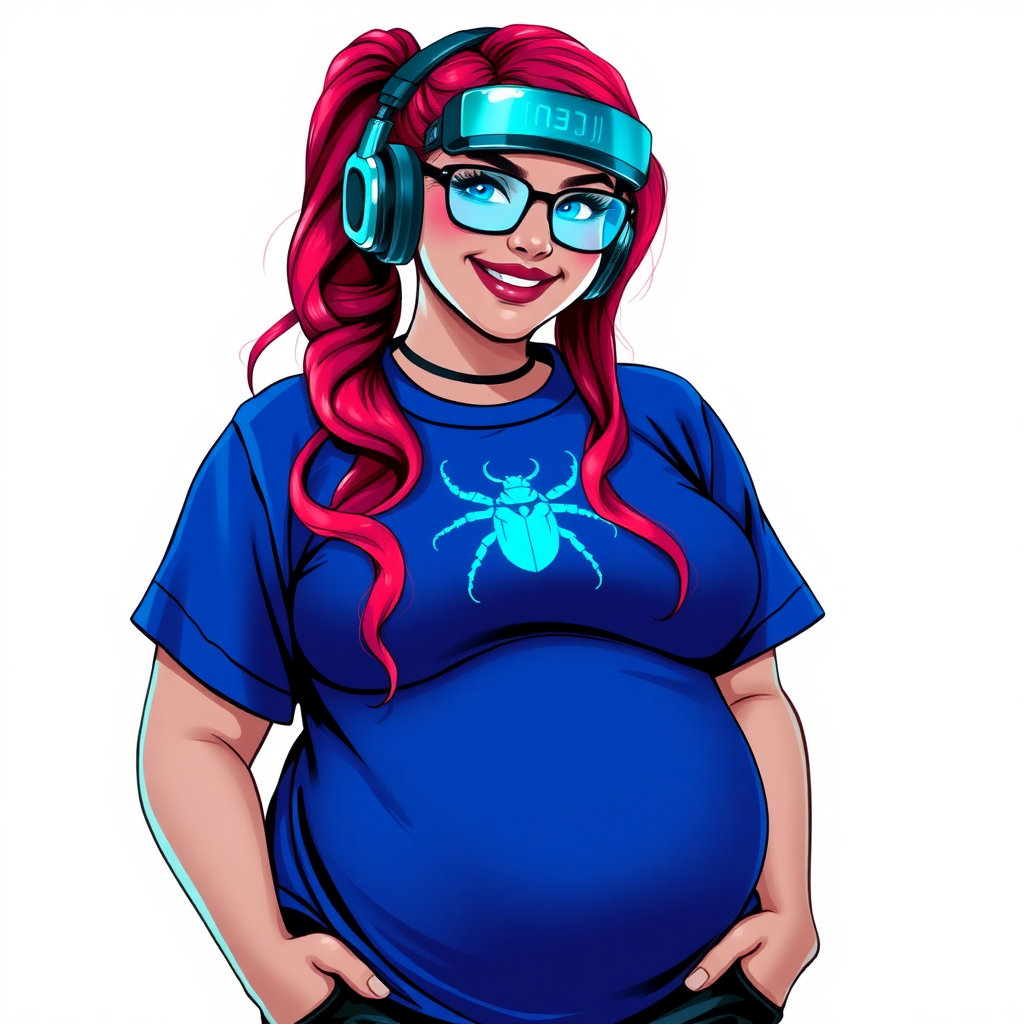 A cyberpunk vigilante’s full-figured intelligent and tech-savvy 29-year-old girlfriend, who is a computer hacker and tech genius. She has a long ruby red ponytail and bright blue eyes. She wears a sapphire beetle gemstone necklace, and an oversized maximum blue t-shirt featuring a neon blue glowing icon of a beetle on its chest. She has a full-figured physique with a prominent, gargantuan, round midsection, reflecting her well-cared-for lifestyle. She sports a sapphire headset with hi-tech maximum turquoise lensed HUD visor, black eyeglasses, and a beaming smile with a passionate bright red blush. Despite her figure and a lack of self-esteem, she radiates beauty. She has a slim face which contributes to her radiant beauty. She serves as his tech expert from his hideout, diligently working at her lab table and computer desk. The background is solid white. She is drawn as if she was in a retro 2D cyberpunk fighting game.