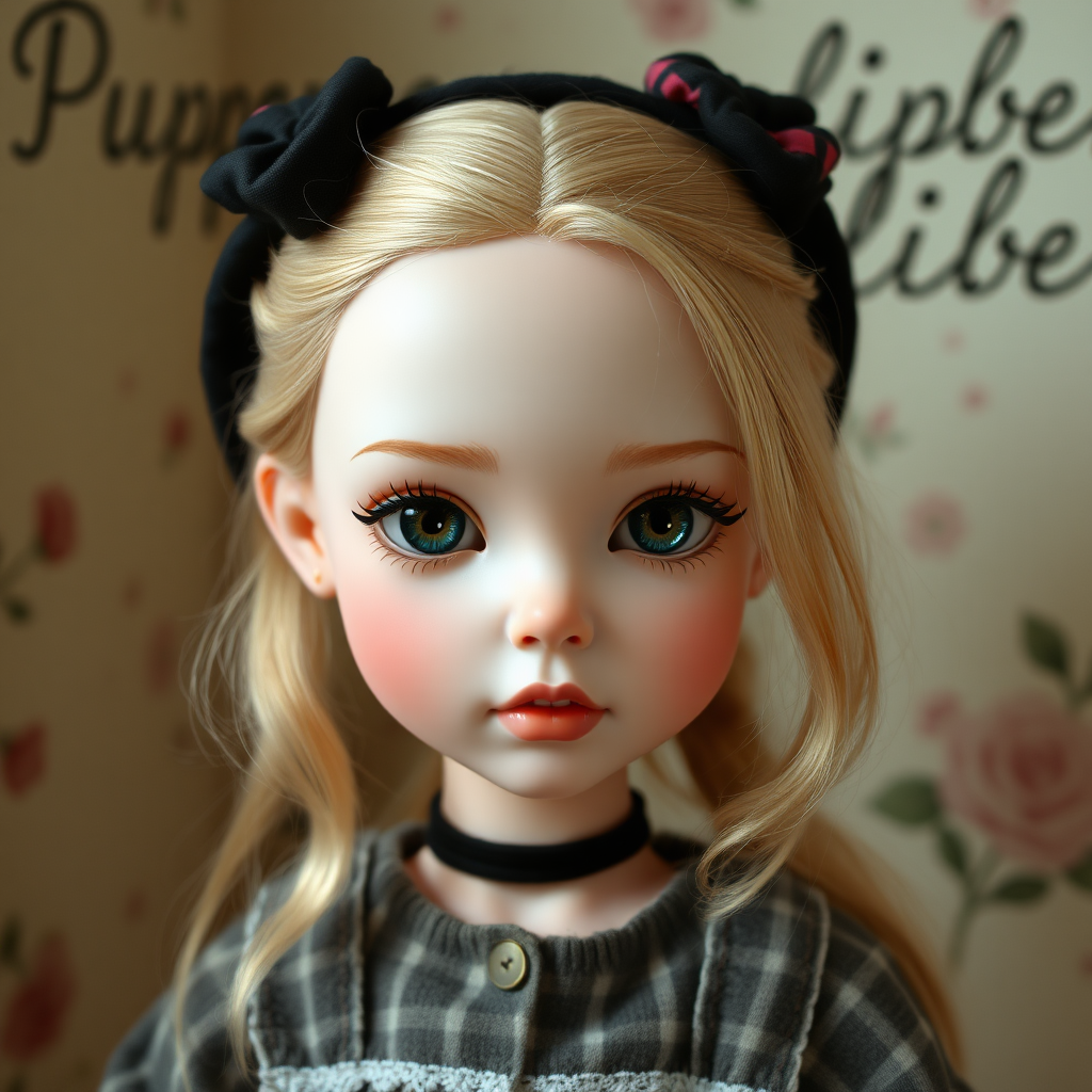 ooak art doll, artist doll, realistic doll, life-like porcelain doll, text on the wall in the background says "Puppenliebe", cool preteen girl, unique personality, stunning eyes, bisque doll, bjd