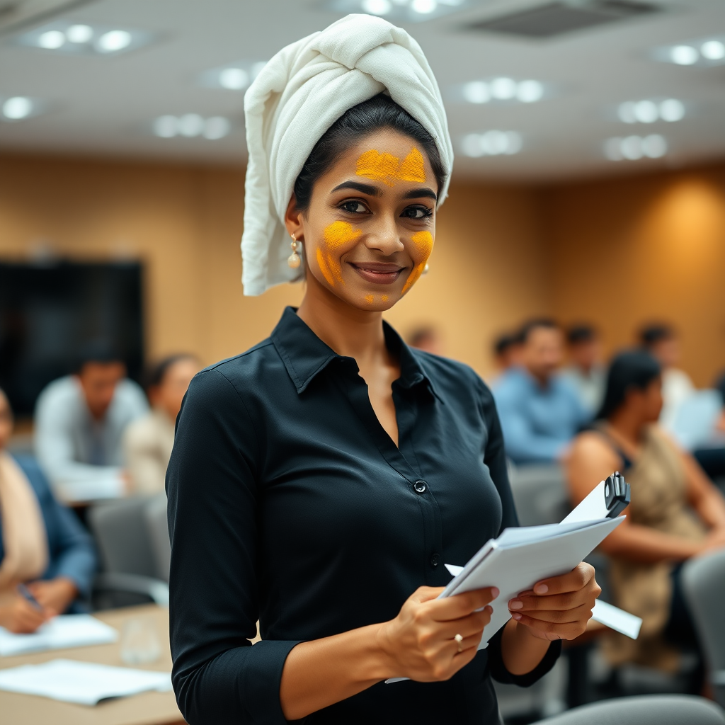 slim, 30 year old, modern indian office secretary, towel head, turmeric paste on her face. she is standing in a conference room full of people and taking notes.