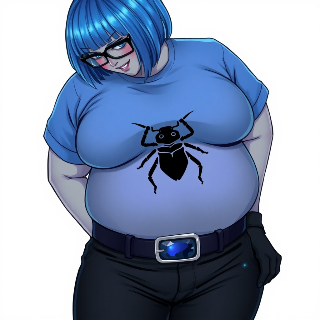 A 28-year-old, full-figured, metallic middle gray skinned computer program hybrid with a short maximum blue bob cut. She has a non-athletic build, highlighted by a prominent, round midsection (with a focus on her round belly). As a digital sidekick to her cyberpunk vigilante boyfriend, her middle gray metallic skin and maximum blue lipstick emphasize her digital nature. She wears a large, tight-fitting, maximum blue t-shirt (accentuating her belly) with a black chest icon of a beetle on its chest, black pants, a black belt with a sapphire scarab buckle, and black gloves. Her bright blue eyes, black eyeglasses, and shy smile with neon red blush accentuate her nerdiness. She bashfully bows her head with her hands behind her back, her t-shirt covers her midsection (especially her belly) and emphasizing her full-figured, non-athletic physique. She is on a solid white background. She is drawn as if she was in a retro 2D cyberpunk fighting game. She is clearly non-athletic, with a focus on her full figure. Make sure her t-shirt covers all of her bare skin (especially her belly).