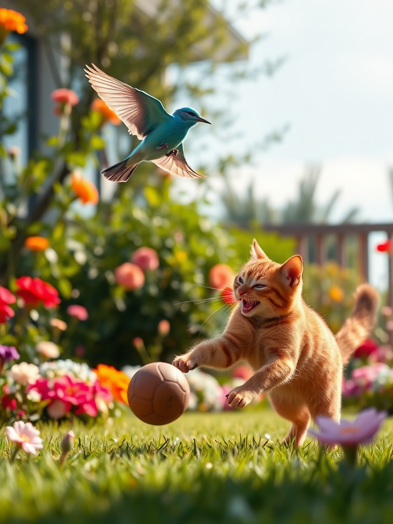 A realistic 4K scene of a Brown Cat skillfully dribbling a ball across a sunny garden, with a cheerful Blue Bird flying above it. Both the cat and the bird are depicted in mid-action, laughing and enjoying their playful moment together. The garden is vibrant, filled with colorful flowers and lush greenery, capturing the joy of their friendship.