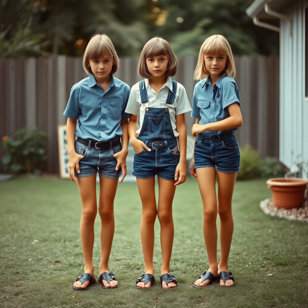 two tall 14yo teen boys, long hair bob cut, wearing shirts and very tight booty shorts or denim tight booty Shortall, long legs, narrow thighs, full-length front view. 1970s. Playing at backyard. photorealistic, ultra high resolution, 16K, Negative: grainy, blurry, bad anatomy, extra limbs, watermark.