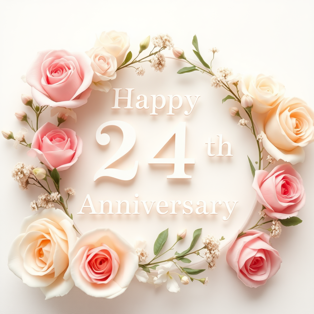 Create a soft, elegant image for a 24th wedding anniversary with a subtle 25-1 motif, blending celebration and love. Include delicate flowers, such as roses or lilies, arranged around a message that exactly reads: "Happy 24th Wedding Anniversary". Incorporate soft pastel colors like pinks, creams, and whites. The overall vibe should be warm, romantic, and joyous, capturing the essence of love and commitment over the years. the text needs to be exact. 