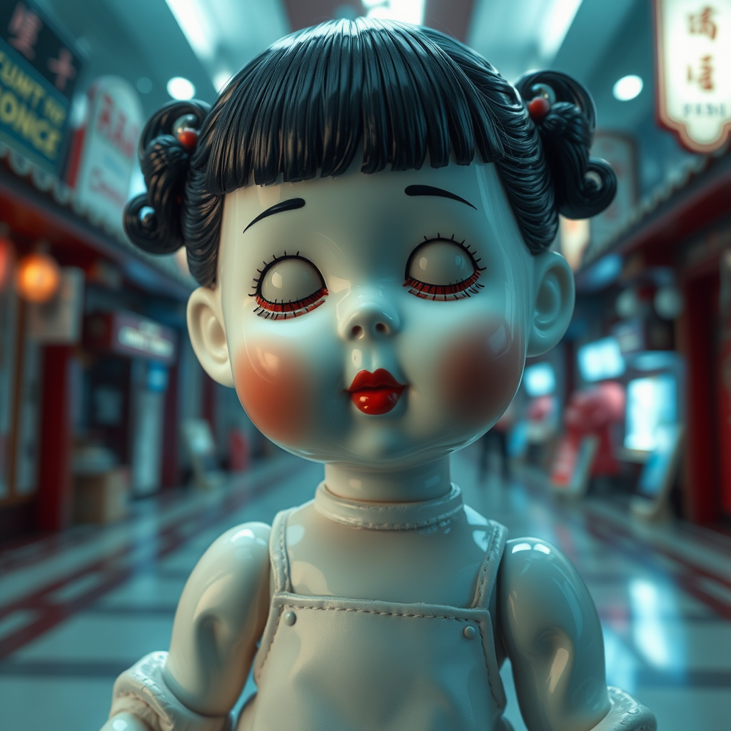 a cute porcelain doll, bjd, poster, perspective, cinematic still, high quality photo, by victo ngai, by Joao Ruas, by Masamune Shirow, glossy, reflective, by wadim kashin, by audery_kawasaki, by ismail inceoglu, by amy sol, outline, hyperrealism, by klimt, by Mab Graves, intricate environment, ultra-detailed cinematic shot