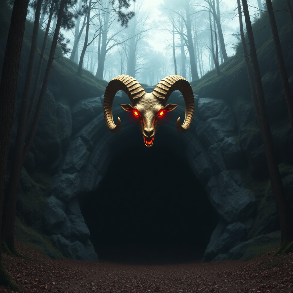 High quality, A giant dark cavern entrance in the middle of the woods that is perfectly shaped like a vagina/vulva with a glow, a golden-ram horn statue with burning eyes and mouth at the very-top