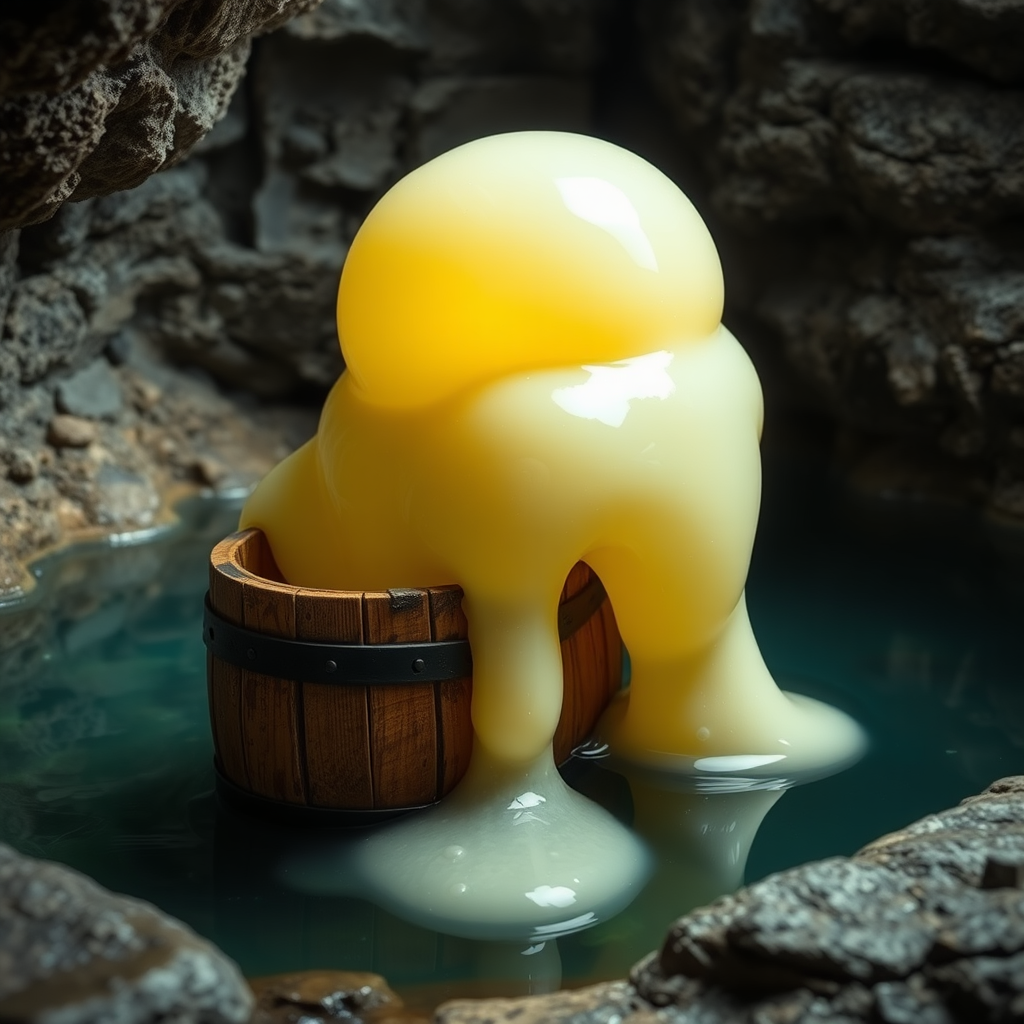 A photo realistic pool in a cave with a wooden barrel near the edge of it and a pale round transparent yellow slime crawling into the barrel