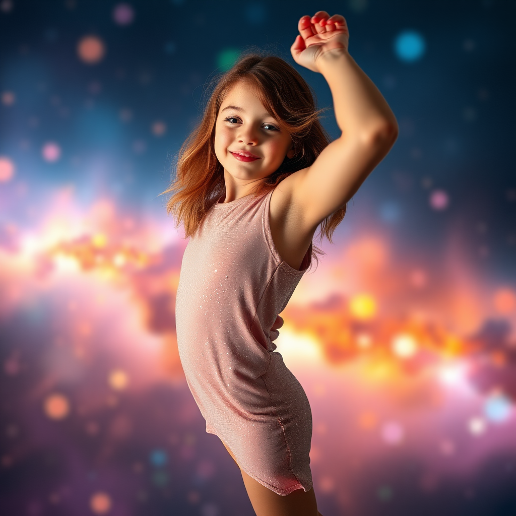 preteen girl in dynamic pose, full body shot, dreamscape, nebula, Bokeh, abstract, brilliant colors, glittering, translucent, iridescent, natural skin, glowing, artistic photo, wide angle, cute, interesting, microscopy, airy, original, experimental, refraction