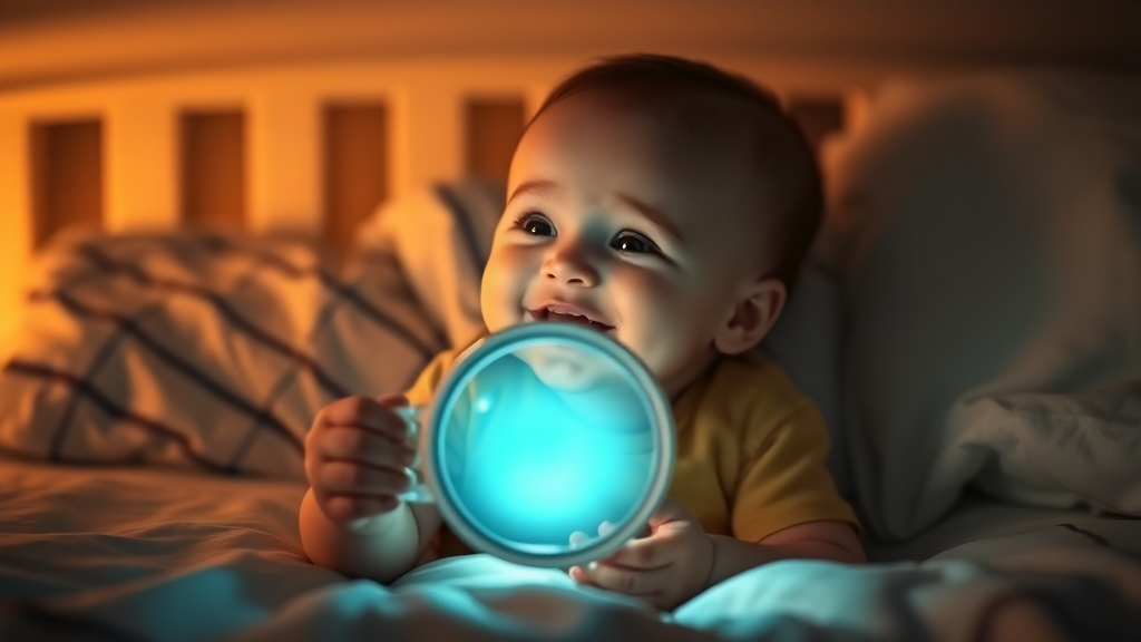 A baby holding a looking glass in hand at night on the bed, baby happy to see that animation.