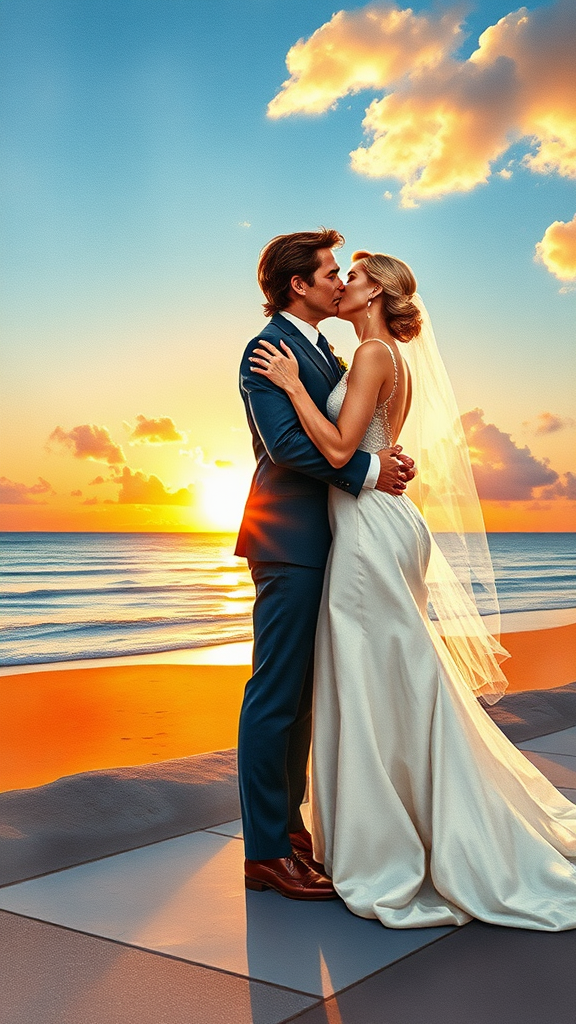 In watercolor painting, In the background, Nicole Kidman and Tom Cruise elegantly dressed, she heels and he patent leather shoes, he passionately kisses the bride, in the background the sea with a beautiful beach, sunset sky with the sun's rays with clouds. 16K ultra-high definition.