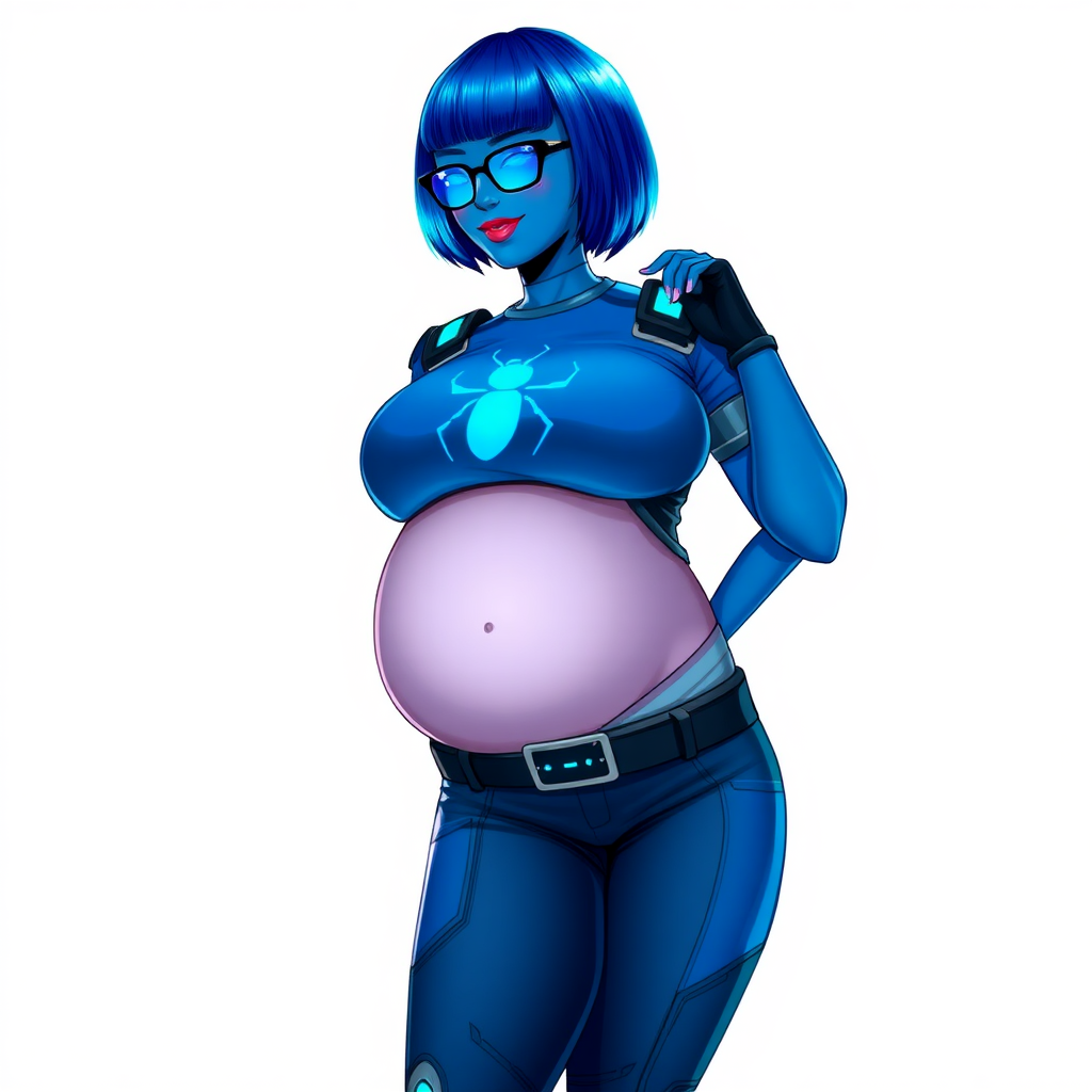 A 28-year-old, full-figured, metallic maximum blue (5PB 5/10) skinned computer program hybrid with a maximum blue bob cut. She has a non-athletic build, highlighted by a prominent, round, large midsection (with emphasis on her round large belly), which shows the effects of her new love of junk food acquired from her boyfriend. As the full-figured, nerdy, digital sidekick to her cyberpunk vigilante boyfriend, her metallic maximum blue skin and maximum blue lipstick (5PB 5/12) emphasize her digital nature. Her skin has a subtle, animated glow, with digital patterns occasionally flickering across it, making her digital nature obvious. She wears a digital, computerized costume, consisting of a massive, tight-fitting, maximum blue t-shirt (5PB 5/12) made out of advanced nanotech with a neon blue glowing chest icon of a beetle, hi-tech shoulder pads with neon blue accents, a black hi-tech belt with a digital neon blue glowing buckle, digital maximum blue biker pants (5PB 5/12) with neon blue accents, and black hi-tech fingerless biker gloves with neon blue glowing accents. Her neon blue glowing eyes, black eyeglasses with neon blue glowing lenses equipped with a built-in HUD, and bashful smile with neon red blush accentuate her nerdiness. She stands bashfully with one hand behind her back and the other hand gently touching her cheek, her costume covering all her skin and emphasizing her full figure (especially her round large belly). She is clearly non-athletic, with a focus on her full-figured physique. Despite her build, she radiates beauty. She has a slim face compared to her physique, accentuating her radiant beauty. She is on a solid white background. She is drawn as if she were in a retro 2D cyberpunk fighting game.