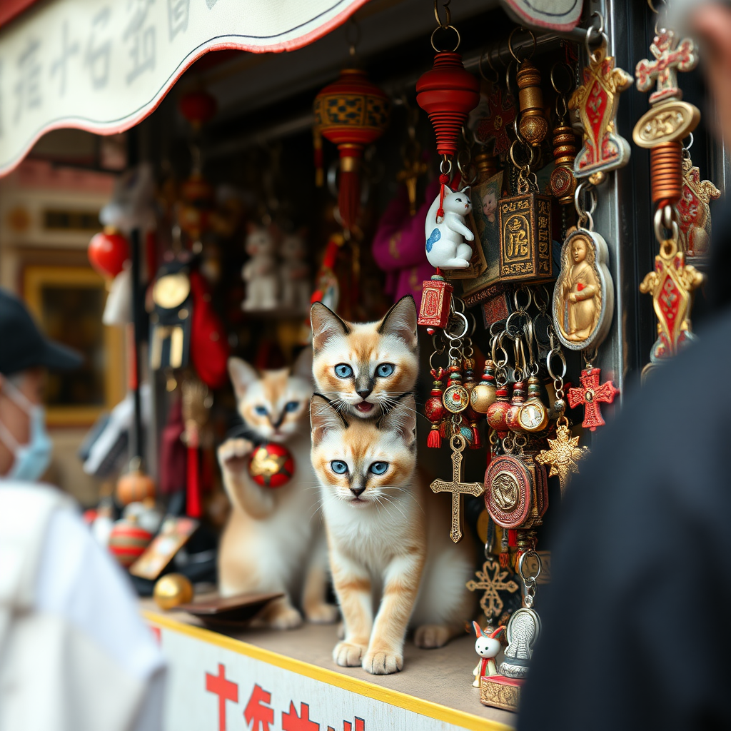 A street stall staffed by Siamese kittens filled with kitschy keychains for tourists in hell, cats, Catholic, vampire, cross, Buddhism, tacky