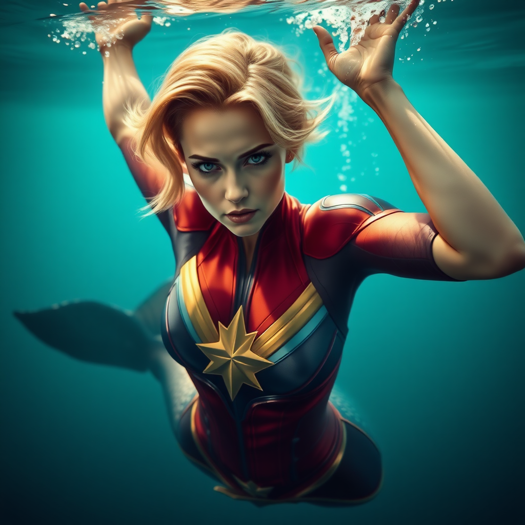 Captain Marvel as a mermaid. She's floating underwater with arms up. She's looking intensely at the viewer of the photo. The eye contact is palpable and mystical. Her short hair floats like a beautiful nimbus around her head and her shiny scaled tail is curled beside her. Gossamer Diaphanous. HD DSLR Photo