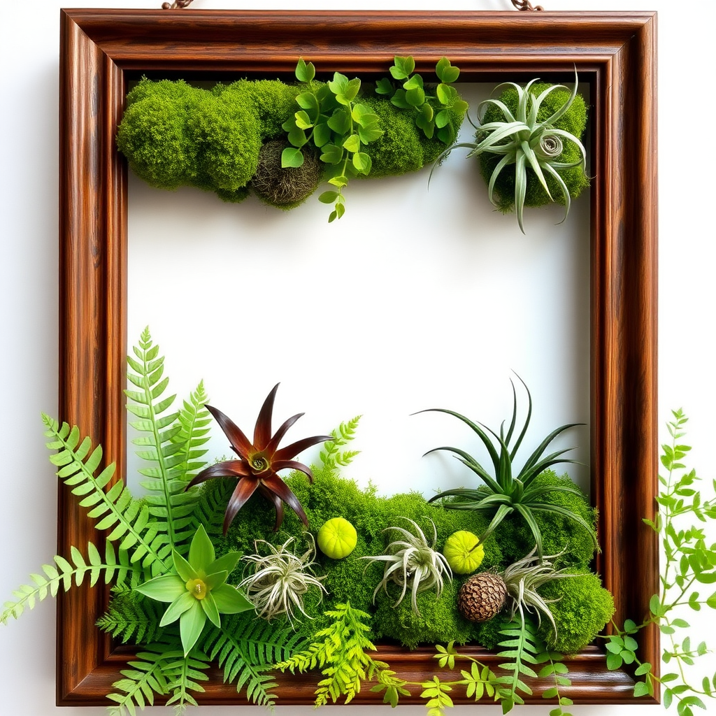 A picture frame is filled with ferns, flat moss, and air plants.