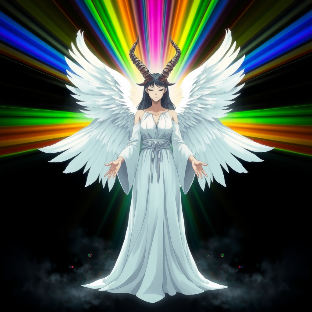 (Anime-styled art) Set against a black backdrop, a radiant, rainbow-like barrier shimmers with vibrant colors. At its center stands a plain faceless (No face), powerful, godlike woman with an unsettling yet angelic presence. Two goat-like horns curve from her head, adding to her eerie aura. Four massive angelic wings extend from her back, their feathers glowing softly. She wears flowing white robes that ripple with divine energy, and her outstretched hands seem to command an otherworldly force. Both mesmerizing and terrifying, her ethereal form exudes a balance of beauty and dread.