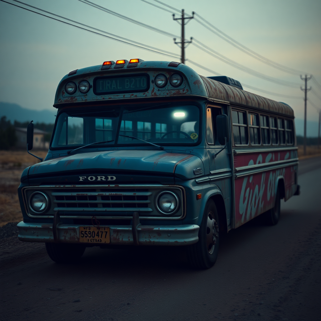 ford falcon mad max post indian apokaliptik night dust rusty zombie the bus is parked on the side of the road, inspired by Taiyō Matsumoto, tumblr, restomod, nd4, c4