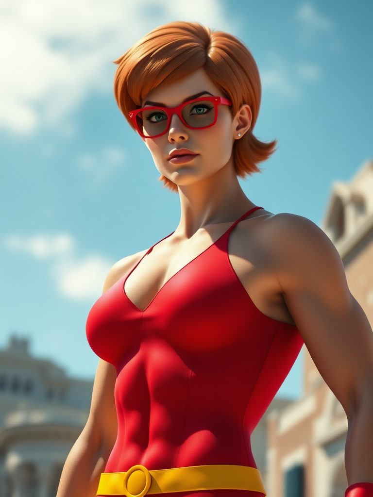 Generate a full-length hyper-realistic render of Velma Dinkley, using a male body type that resembles a chiseled superhero. The character should feature defined muscles and a V-shaped torso while keeping the original head intact. Modify the silhouette to reflect this transformation. Set the background in an appropriate environment that complements the character, enhancing the overall composition. Aim for vibrant colors and high detail, capturing the essence of Velma while showcasing the alterations in physique.