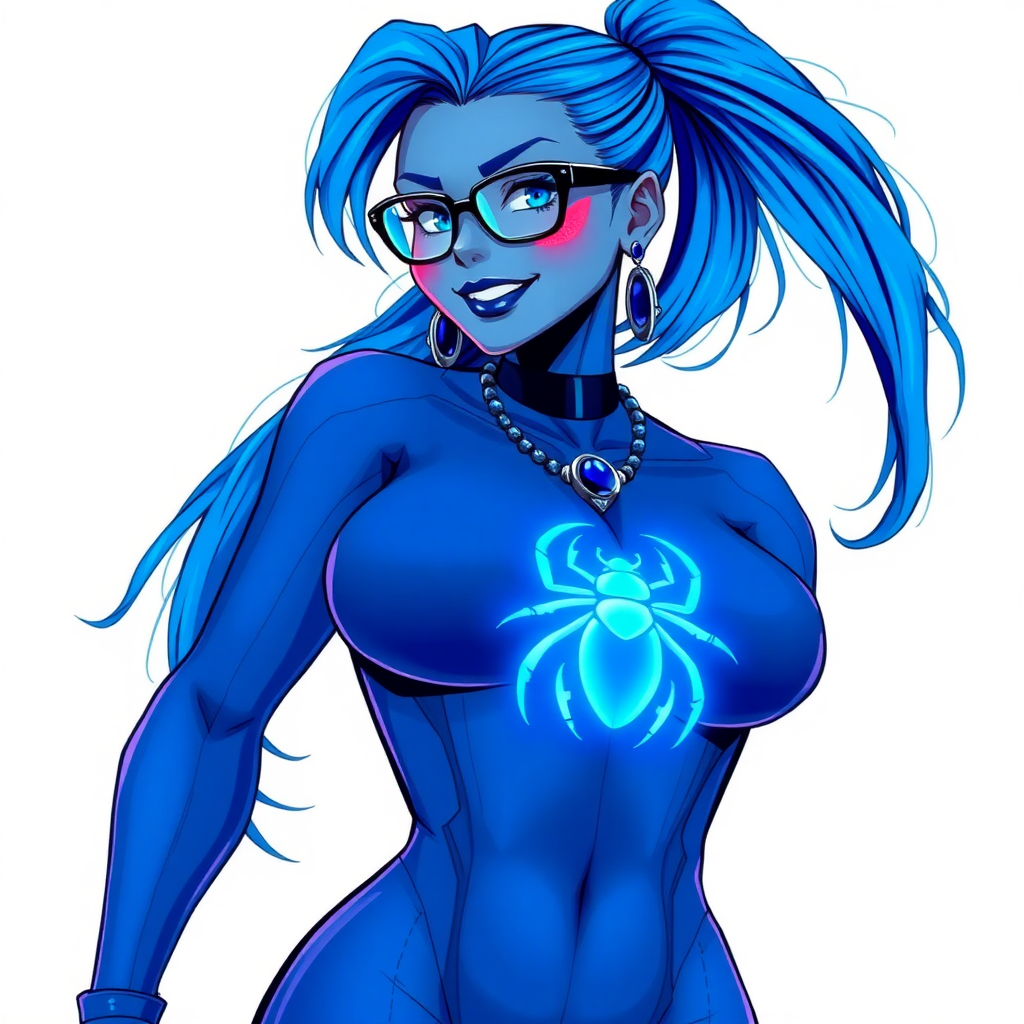 A cyberpunk vigilante’s full-figure 5PB (Maximum Blue) skinned computer program hybrid 28-year-old digital sidekick and loyal girlfriend. She has a long 5PB (Maximum Blue) ponytail and 5PB (Maximum Blue) skin that blends with her outfit appearing to merge together into computer data. She wears maximum blue lipstick, blue eyes, a sapphire beetle gemstone necklace, sapphire earrings, black eyeglasses, and an oversized, digital, computerized, 5PB (Maximum Blue) bodysuit featuring a neon blue glowing chest icon of a scarab beetle that accentuates her prominently, round, gargantuan midsection. She sports a beaming smile with a neon red blush. She serves as his minicomputer operating in his hi-tech wristwatch and supercar's onboard computer using her ability to hack into machines and computer to relay vital mission information. The background is solid white. She is drawn as if she was in a retro 2D cyberpunk fighting game. Her midsection is bloated to emphasize her figure.