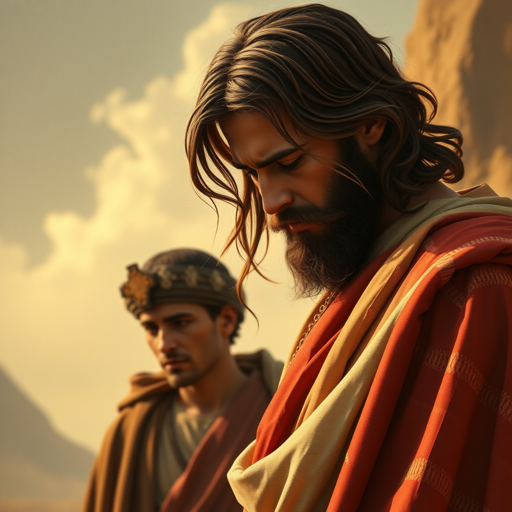 young man turns away from Jesus with anger and leaves Jesus alone, Jesus' face is downcast