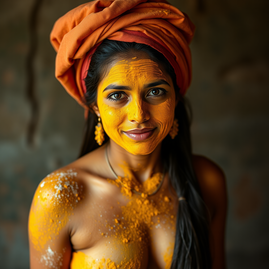 slim, curvy, 30 year old indian maid, her face is covered with turmeric mask and body is covered with soap lather. she is wearing a male underwear on her head