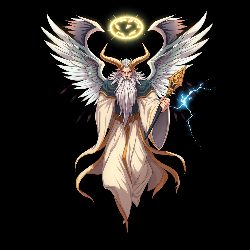 (Anime styled art) Black background of a divine yet sinister figure, floating ominously in mid-air. The being, known as YHVH Demiurge, radiates both light and darkness, with four angelic wings on top and two demonic wings on the back. A shattered halo hovers above its head, casting a fractured cracked glow, 4 golden horn's on head. Dressed in flowing robes of white, gold, and black, the figure's long beard sways gently in the air. Its fiery ember eyes burn with a wrathful intensity, exuding a presence both holy and malevolent, he is holding a unique holy-golden-blue-lightning spear in left-hand.