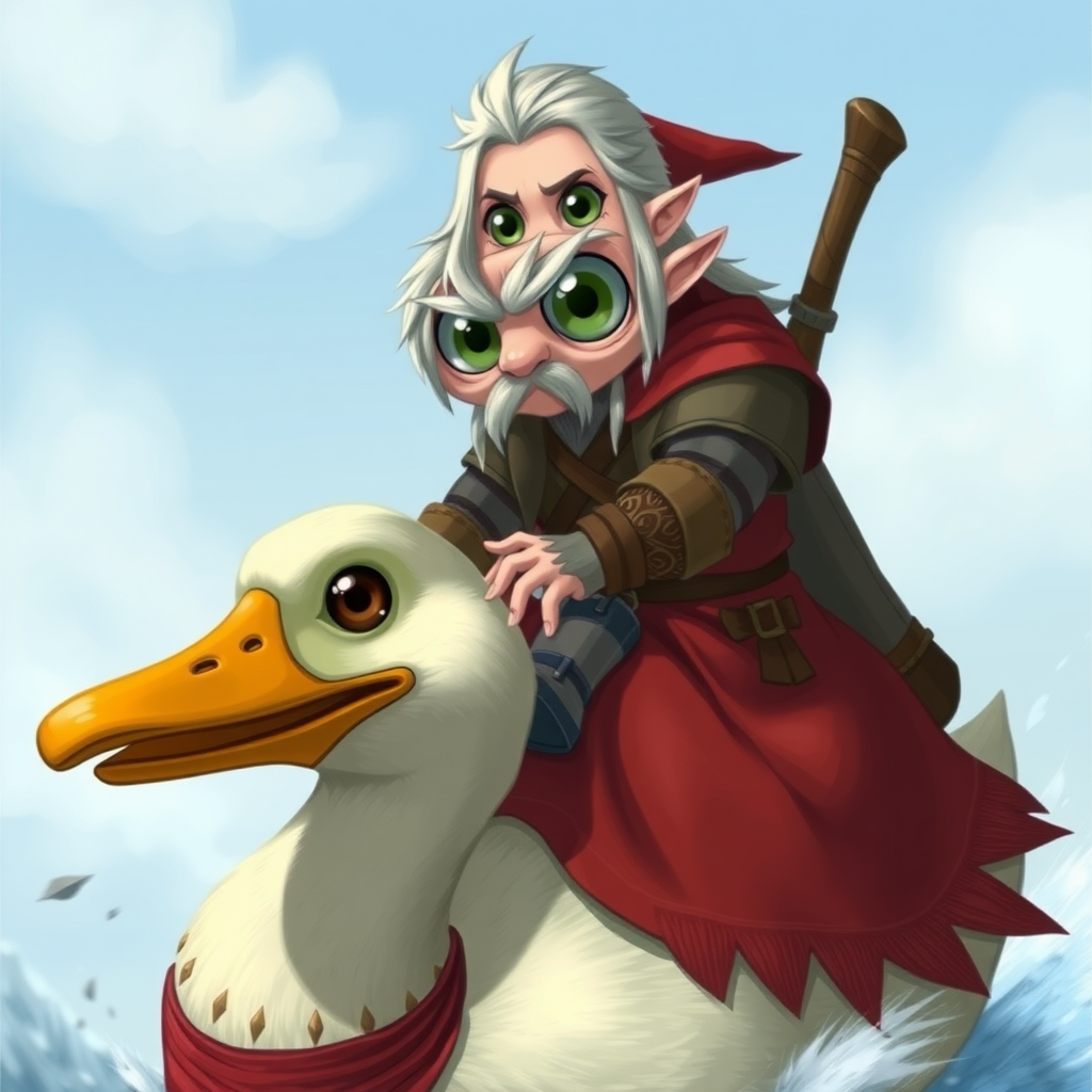 Geralt of Rivia with huge eyes riding a duck