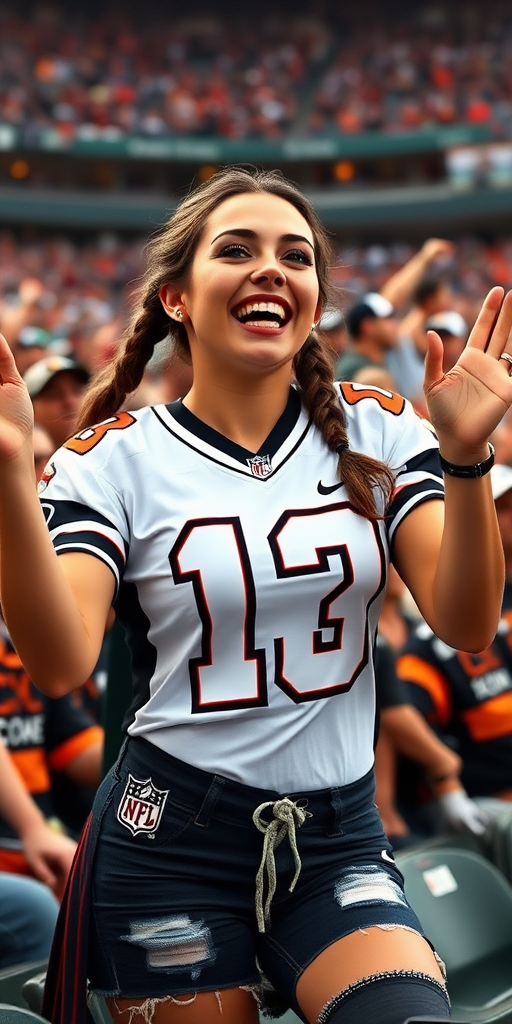 Very attractive female NFL fan, huge chest, jersey, cheering wildly, pigtail hair, crowded stadium bleacher row