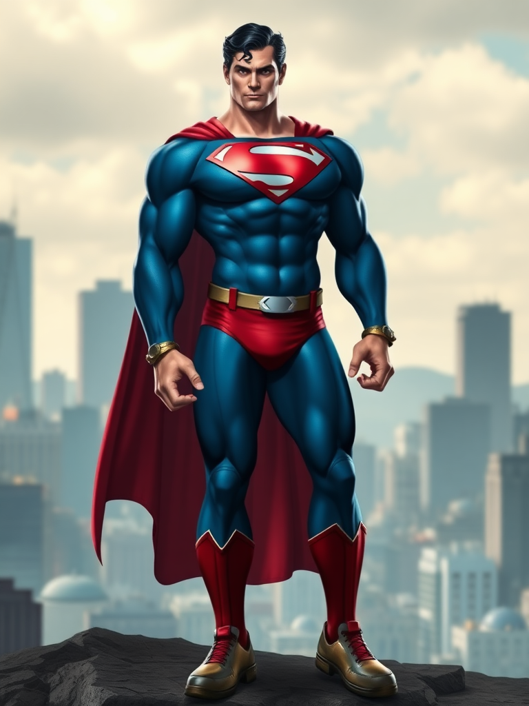 Create a full-length image of Superman with the female body traits of R Mika from Street Fighter. Retain Superman's original head and face, but emphasize his torso, which should have a muscular, athletic build resembling R Mika's physique. Incorporate elements from R Mika's costume, such as her signature leotard, knee-high boots, and accessories, while retaining the core elements of Superman's iconic costume, including the cape, boots, and "S" emblem. The background should be an urban setting, such as a city skyline or a bustling metropolis, which would be an appropriate environment for both characters.