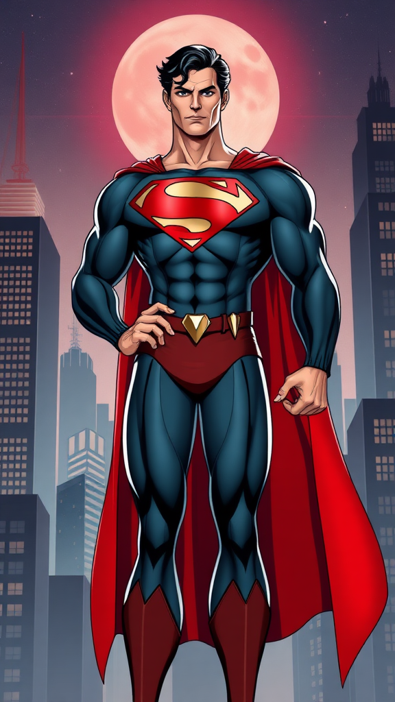 Create a full-length image of Superman featuring the musculature and silhouette of Jessica Rabbit. Maintain Superman's original head, hairstyle, and facial features. Retain his costume but add embellishments and adjust the design to fit the new proportions. Design the background by blending elements inspired by both Superman's Metropolis cityscape and Jessica Rabbit's glamorous, art deco aesthetic.