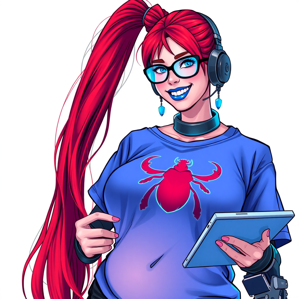 A cyberpunk vigilante’s intelligent and tech-savvy 29-year-old girlfriend, who is a computer hacker and tech genius. She has a long ruby red ponytail. She wears maximum blue lipstick, blue eyes, a sapphire beetle gemstone necklace, sapphire earrings, black eyeglasses, hi-tech metal arm armor, and an oversized maximum blue t-shirt featuring a neon blue glowing beetle chest icon. She has a full-figured, well-rounded physique with a prominent gargantuan midsection, reflecting her well-cared-for lifestyle. She sports a sapphire headset with a hi-tech maximum turquoise lensed HUD, and a beaming smile accentuated by a passionate neon red blush. She serves as his tech expert from his hideout, holding a futuristic tool wrench and a futuristic digital tablet. The background is solid white. She is drawn as if she was in a retro 2D cyberpunk fighting game.