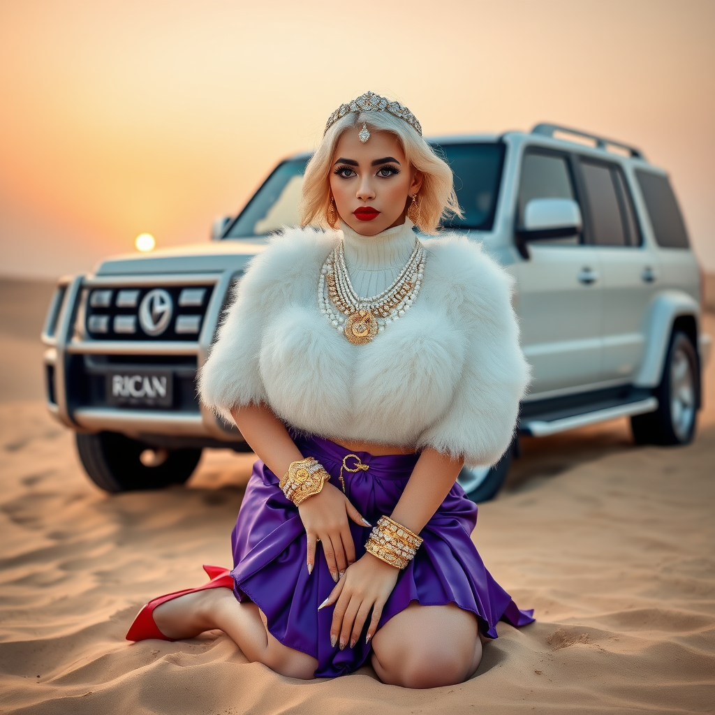 Kuwait desert dunes misty dawn, full size luxury SUV: Melissa, European 17 years old very convincing femboy “trophy-bimbo”, tamed servile docile, very beautiful feminine flawless face, rather short, by hormones very curvaceous womanly figured, platinum blond short tight curls, bold red lips, long white French nails, heavily made-up face, wearing Supertanya-style fluffy very fuzzy bright white angora turtleneck-poncho cropped ending under bust decorated with pearls and glass stones, very tight purple vinyl mini pleated skirt, bright red pumps with golden very high heels, white pearl belly piercing, full Oriental bridal jewelry including headpiece, nose-ring, coin wristlets, coin anklets, striking diamond “Bimbo” letter brooch on left chest, thick heavy pearl wristlets, pearl anklets, pout frustrated, kneeling in sand in front of SUV, looking at camera. Focus on face and turtleneck-poncho.