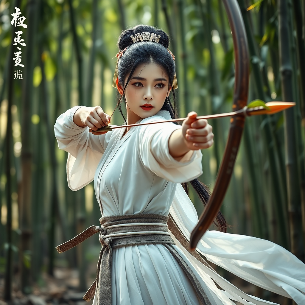 From the perspective of the whole body, a beautiful woman in the Tang Dynasty of China, a chivalrous woman, dressed in white, pulled a bow and arrow in the bamboo forest. Movie poster, game cg. Complete bows and arrows, not incomplete bows and arrows.