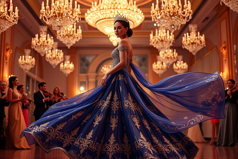 In a lavish ballroom adorned with crystal chandeliers that glitter like stars, a young woman stands at the center, elegantly draped in an extravagant gown that seems to dance with her every movement. The gown, a masterpiece of haute couture, features sweeping silhouettes that cascade like a waterfall around her, creating a breathtaking illusion of flowing fabric that envelops her in an ethereal aura. Each layer of the gown is skillfully crafted, adorned with delicate embroidery that sparkles subtly under the warm, inviting glow of the ambient light.

The rich hues of deep sapphire and shimmering gold blend harmoniously, catching the eye and drawing admiration from all corners of the room. As she turns gracefully, the fabric billows around her, producing a soft rustling sound reminiscent of whispers, inviting onlookers to lose themselves in the sheer artistry of her attire. Soft, intricate lace details trace the neckline, framing her face and enhancing her luminous complexion, while a delicate tiara crowns her head, glinting with precious gemstones that reflect her every emotion.

The air is thick with enchantment, fragrant with a mixture of blooming roses and the lingering notes of fine perfume, creating a sensory tapestry that complements her opulent look. Around her, guests clad in their own exquisite ensembles share awed glances, each caught in the spell of the moment. Laughter and the gentle melody of a string quartet intertwine, setting the scene for a night where fashion transcends mere fabric, painting a dreamscape where each gaze signifies admiration and wonder. In this enchanted realm, the boundaries of reality blur, allowing imagination to take flight, elevating the young woman's presence to that of a captivating muse, embodying the transformative power of fashion itself.