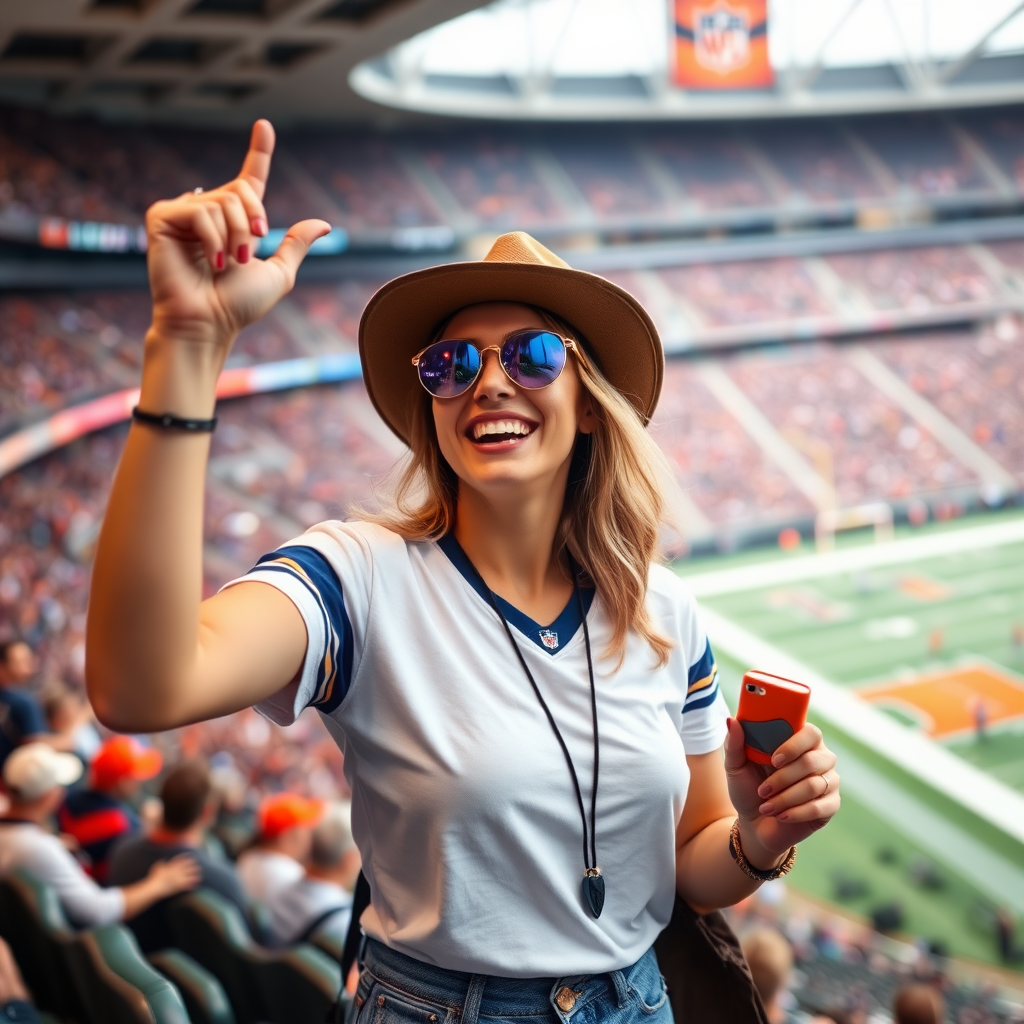 Attractive female NFL fan, cheering, inside NFL stadium