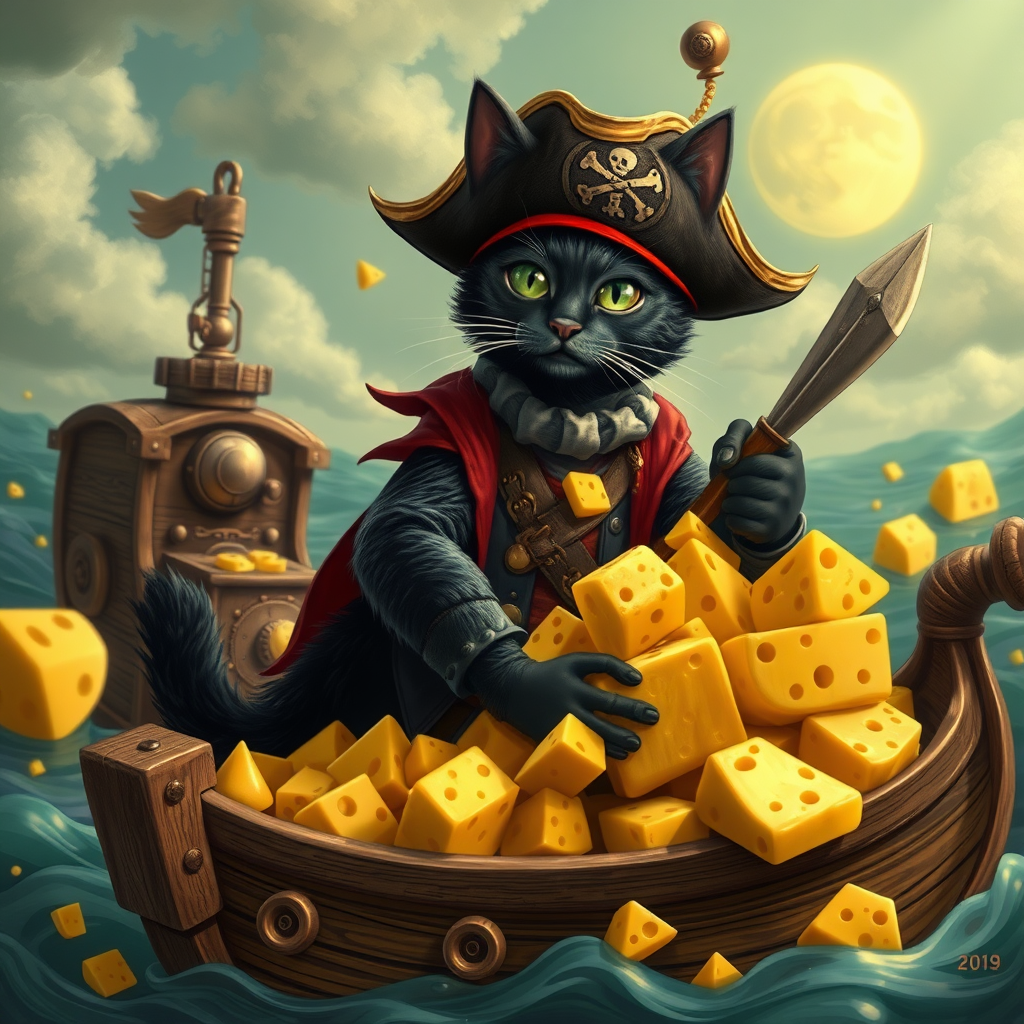 Black cat pirate Captain with treasure cheese filled with cheese on a pirate ship in a sea of cheese, steampunk