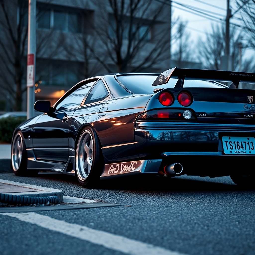 metallic shine nissan silvia s14 the car is parked on the side of the road, inspired by Taiyō Matsumoto, tumblr, restomod, nd4, c4 cold colors