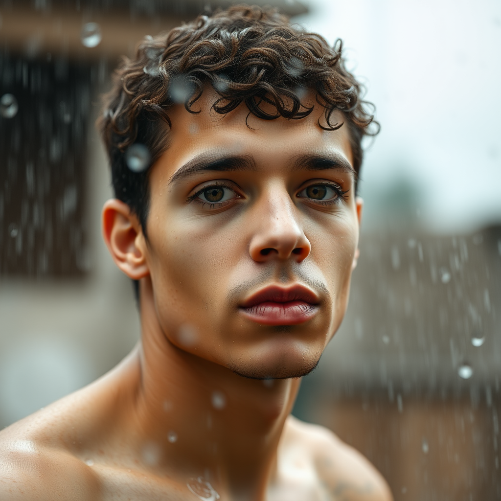 so much rain, man with very short fine curly hair, oval face, small nose, brown eyes