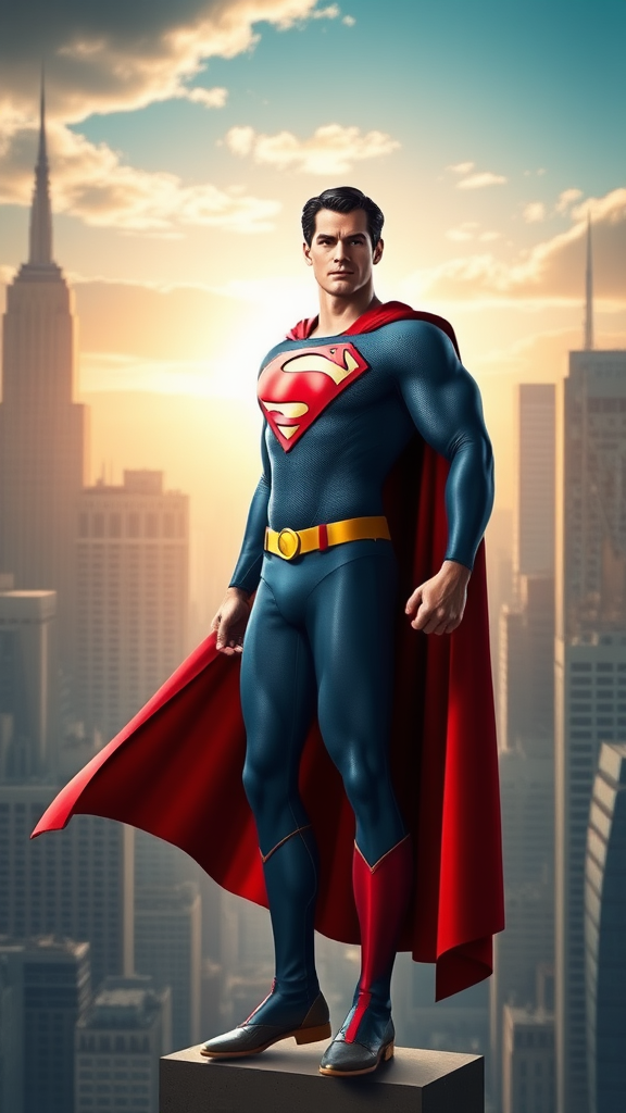 Create a full-length image of a hybrid character featuring Superman, utilizing Elastigirl's figure and body proportions. Retain Superman's primary costume, incorporating embellishments from Elastigirl's outfit, ensuring alterations for seamless fit. Design the background integrating elements from both Superman's iconic cityscape and Elastigirl's dynamic environment. Focus on capturing a harmonious blend of strength and flexibility, presenting the character in a heroic and dynamic pose within this creatively merged world.