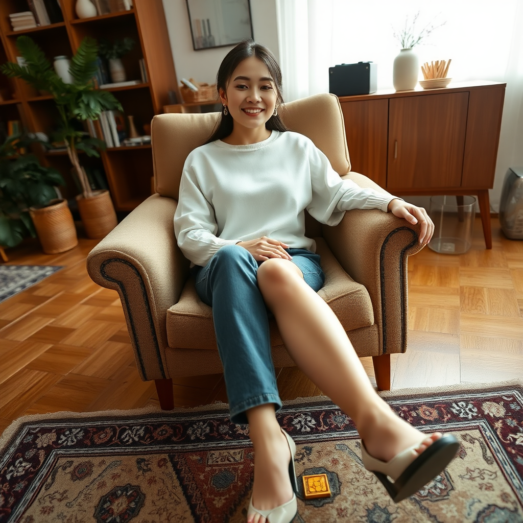 photo low angle full body shot beautiful xiaomeimei looking down. She is sitting on a chair in a living room. she is grinning. her arms are on the armrests. there rug on the floor in front of the chair. a game piece lies on the rug