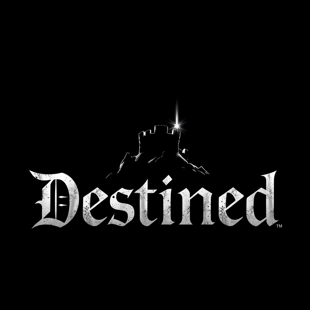 "Destined" with a sharp fort on a black background and with font