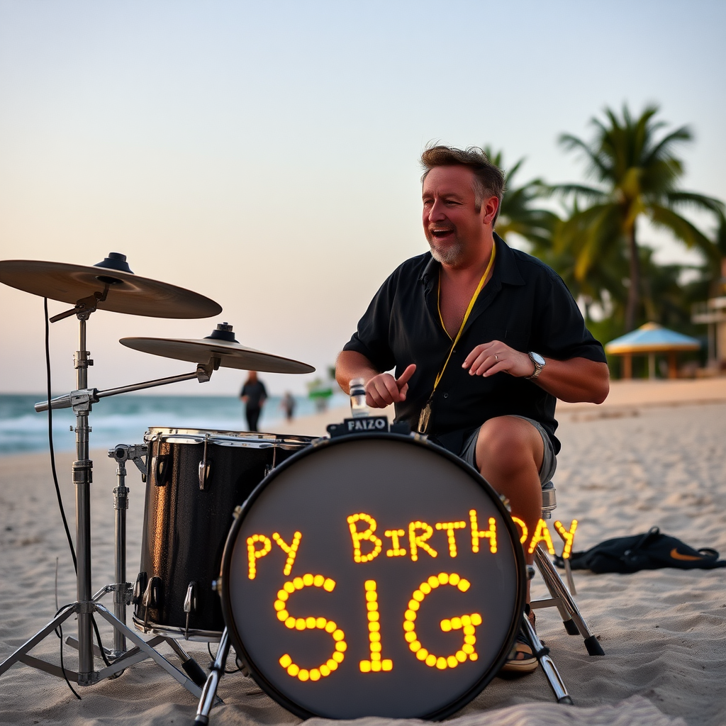 Peter Maffay sitting on a drumset on the beach with palms and a bar, bass drum spelling the words "Happy Birthday Sigi."