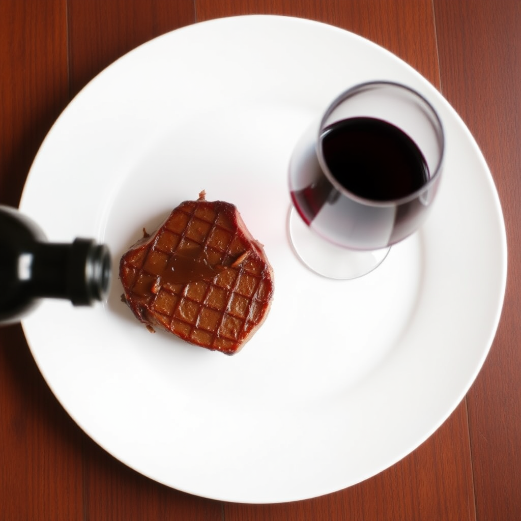 Steak with a glass of red wine.