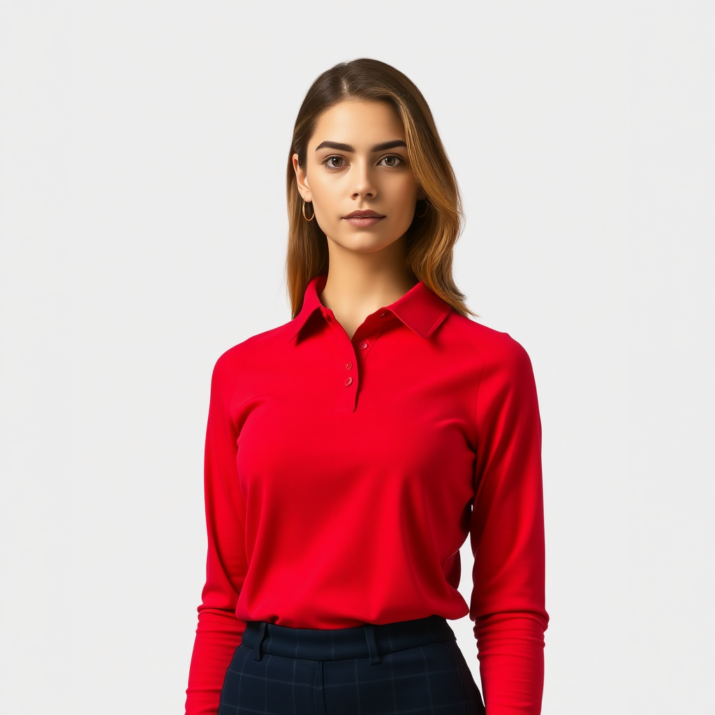 A woman wearing a red long-sleeved polo shirt. full body, front view, looking at viewer.