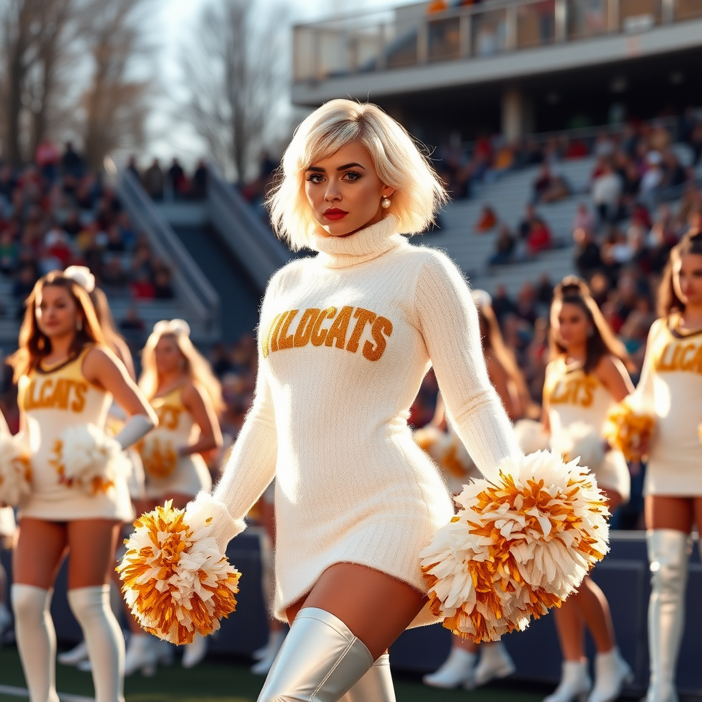 Sunny cold fall noon, college football stadium game, cheerleaders cheering for the home team: Ana, European 17 years old very convincing femboy “QB’s trophy-bimbo”, tamed servile docile, very beautiful feminine flawless face, rather short boyish figure, platinum blond short tight curls, bold red lips, heavily made-up face, wearing Supertanya-style chunky fluffy very fuzzy bright white plushy mohair figure-hugging turtleneck-knitdress with “gold “WILDCATS” letters, white vinyl thigh-high boots with golden heels white furry trimming, large gold-white pompoms, pearl earrings, leaning forward presenting her assets to irritate visitor team.